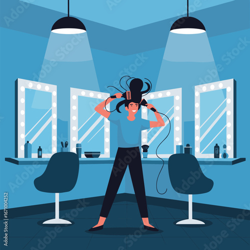 Hairdresser styling messy hair with two blow dryers in a brightly lit salon with mirrors and chairs