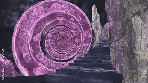 A surreal staircase leads to a swirling pink portal amidst rocky textures.