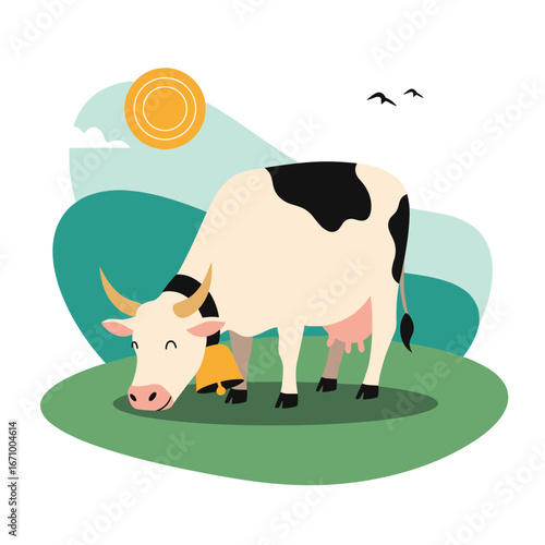 A happy cow with a bell around its neck grazes peacefully in a green meadow under a sunny sky with birds flying above