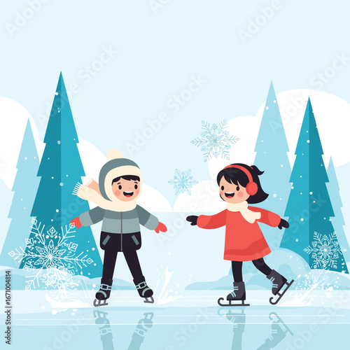 Two children enjoying ice skating together on a frosted winter day surrounded by snow and trees