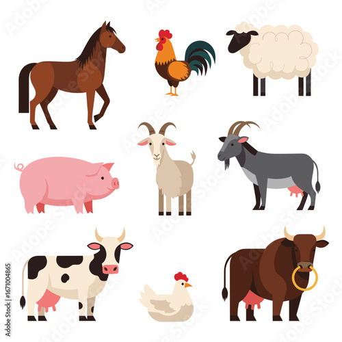 A farmyard scene featuring nine domesticated animals including a horse a pig a cow a rooster a sheep a goat a chicken and a bull
