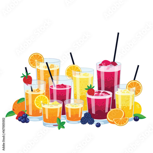 Vibrant assortment of fresh fruit beverages and colorful smoothies