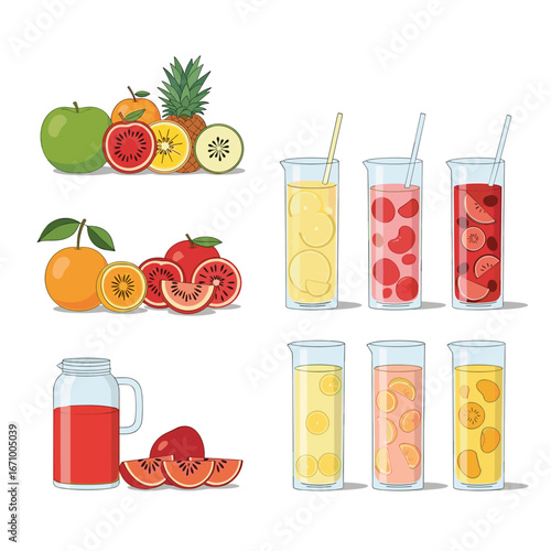 Delicious refreshing fruit juices and smoothies with fresh fruits for healthy lifestyle