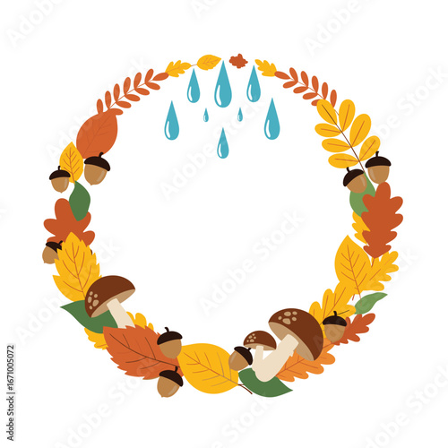 Autumnal circle frame decorated with falling raindrops acorns mushrooms and colorful leaves