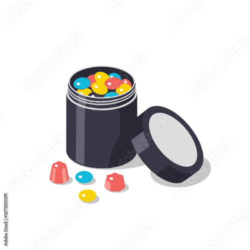Colorful fruit flavored gummies in a black jar with lid nearby