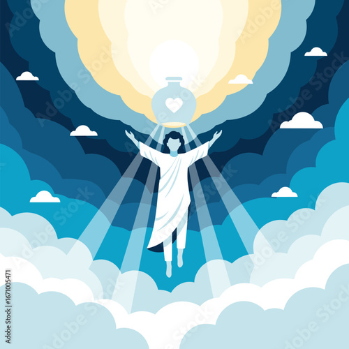 Divine radiance illuminating the heavens with a figure ascending towards celestial light