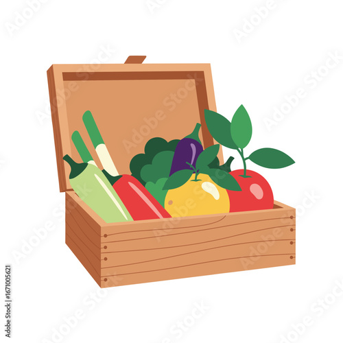 A wooden crate overflows with a vibrant assortment of fresh organic produce including colorful peppers ripe tomatoes broccoli and citrus fruits perfect for healthy eating and farm to table meals