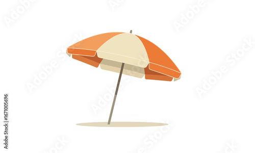Open beach umbrella with vibrant orange and cream striped panels. A classic summer parasol illustration.