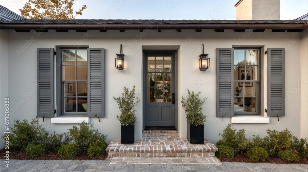 Fototapeta premium Exterior Home Entryway Windows, Shutters, Door, Plants, and Lighting Accentuate Curb Appeal