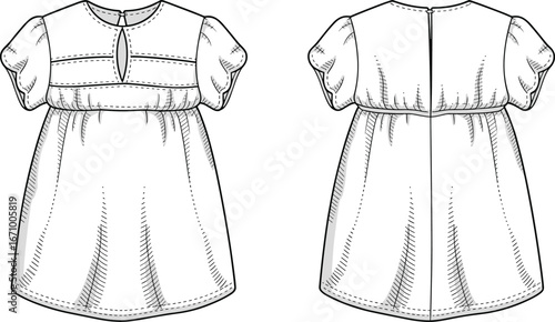 Vector illustration of baby dress with puff sleeves, front and back technical flat sketch for kids fashion design and garment template.