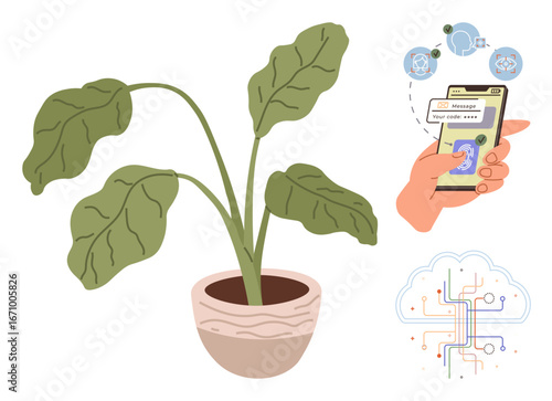 Potted plant linked to smartphone app for real-time updates. Cloud connection highlights eco-tech, sustainability, and smart farming. Ideal for innovation, technology, connectivity, ecology, farming