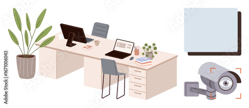 Office desk setup with computers, stationery, potted plant, chair, whiteboard, and CCTV camera. Ideal for workplace, productivity, security surveillance technology organization and modern design