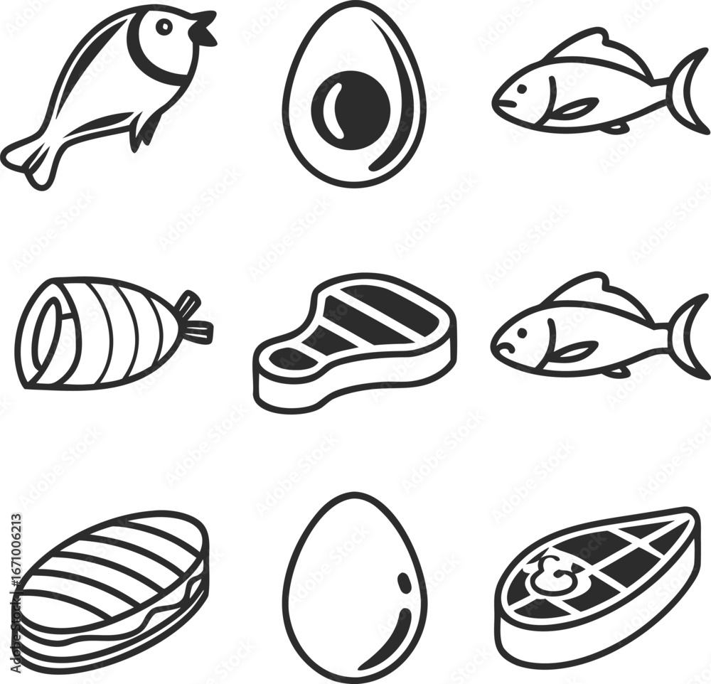 Naklejka premium Illustration of various protein sources including bird fish eggs and different cuts of meat types shown
