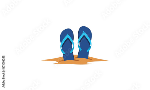 Pair of Blue Flip-Flops Embedded in Sand, Flat Design Style.