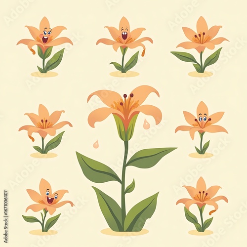 Cartoon Lily Flowers with Happy Faces and Green Leaves