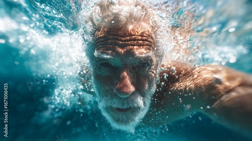 Elderly Man Swimming in Clear Blue Ocean Water with Focused Expression and Light Splashing Waves