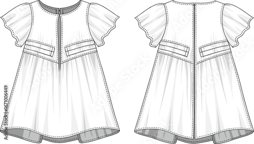Vector illustration of baby girl dress with flutter sleeves and pocket details, front and back technical flat sketch for garment design.