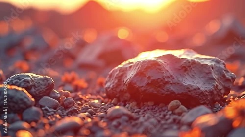 Close-up of Rocks and Pebbles Illuminated by Golden Sunset Light