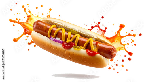 Delicious hot dog with mustard, ketchup, and splash, perfect for fast food menus and ads