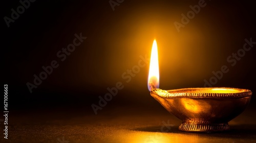 Golden diya oil lamp glowing with warm flickering flame, close-up against dark background, atmospheric lighting and spiritual festive mood