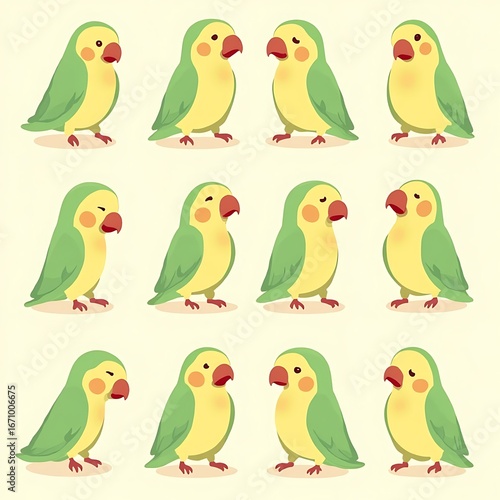 Cute Green Parrot Illustration Pattern with Various Expressions