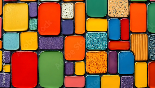 A vibrant mosaic of colorful rounded squares and rectangles creating a playful and textured pattern