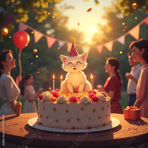 Cute Kitten Celebrating Birthday on Cake at Outdoor Party
