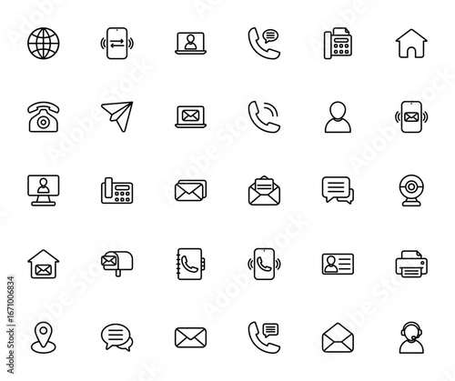 Communication icon set. Vector line icons pack. Incldes symbols for internet, ideo call, email, phone, fx, webcam, mailbox, and moe. Editable stroke.
