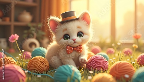 Cute Kitten Wearing Hat Surrounded by Yarn Balls