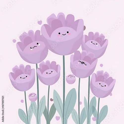 Cute Purple Flowers with Faces and Hearts Illustration