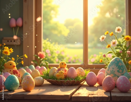 Decorated Easter Eggs and Chicks on Wooden Table Near Window