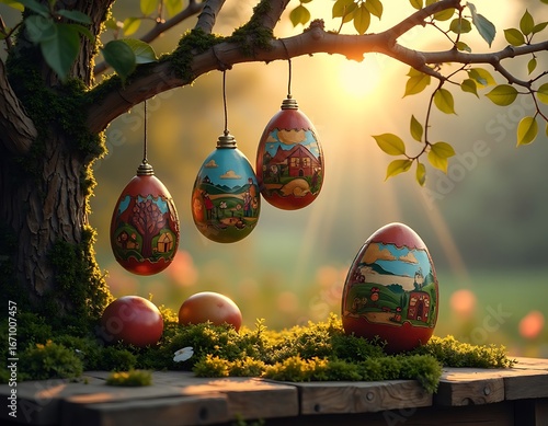 Decorated Eggs Hanging From Tree Branch in Garden at Sunset
