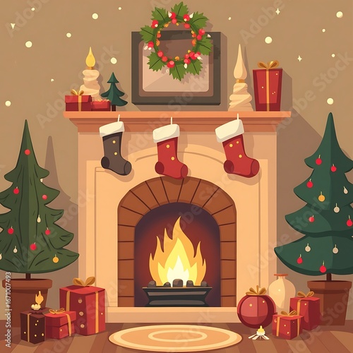 Decorated Fireplace with Christmas Tree and Stockings for Holiday