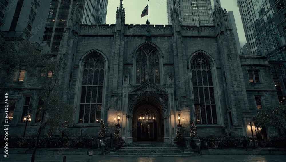 Fototapeta premium Gothic architecture of a historic building in a city at twilight.