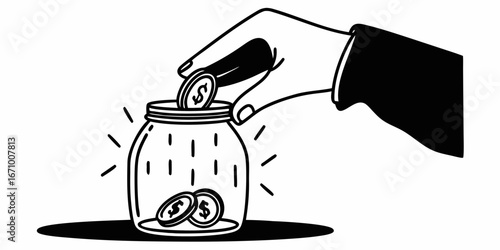 Hand depositing a dollar coin into a glass jar with other coins inside in black and white style
