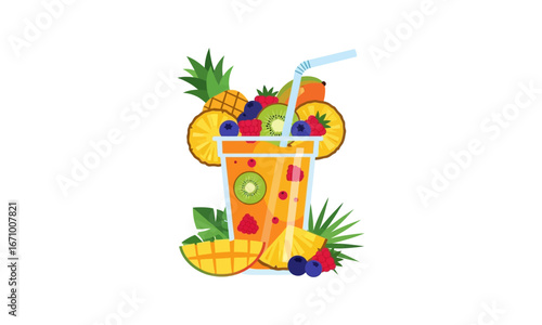 Refreshing Tropical Fruit Smoothie in a Clear Plastic Cup with Straw.
