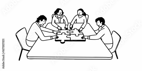 Four people sitting at a table putting together a puzzle with four pieces in a black and white drawing