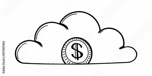 Outline of a cloud with a dollar coin inside representing cloud based financial services concept