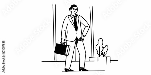 A confident businessman in a suit stands with a briefcase near some plants and a doorway design