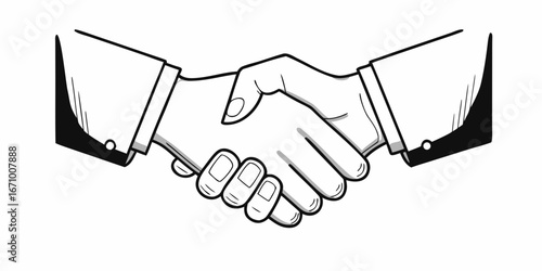Illustration of a handshake between two people wearing suits in black and white style design art