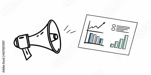 Megaphone announcing data trends and financial growth represented in a graph with upward progression