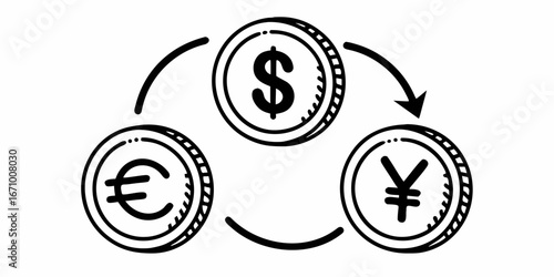 Currency exchange cycle featuring dollar euro and yen coins with circular arrows in a doodle style