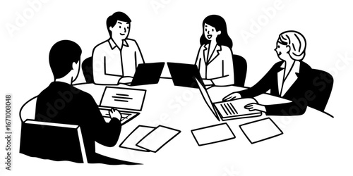 People in a business meeting sitting around a table with laptops and documents in black and white style