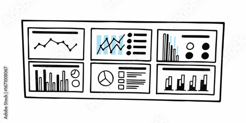 Illustration of a dashboard interface with various charts and data visualizations displayed in multiple panels