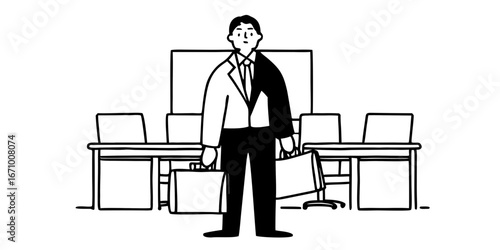 Illustration of a businessman holding two briefcases in an office conference room with laptops on desks