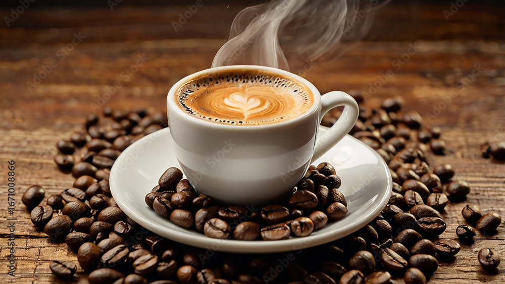 Fototapeta premium Coffee Beans and Fresh Brew on Wooden Table