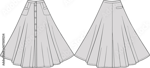 Technical flat sketch of flared midi skirt with button front, patch pockets, back pocket detail, hem stitch design included.