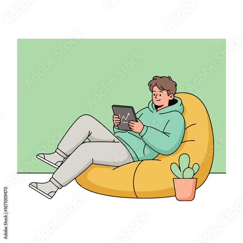 Young man relaxing with tablet, checking stock market trends on beanbag chair at home