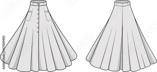 Fashion flat sketch of flared button-front midi skirt with pockets and waistband, technical drawing front and back views.