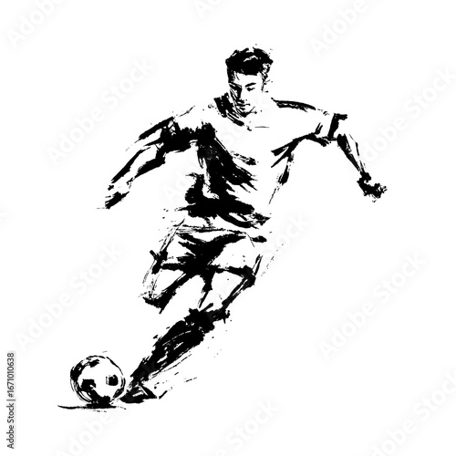 Asian Chinese calligraphy art style of a male soccer player kicking a ball. Transparent background.